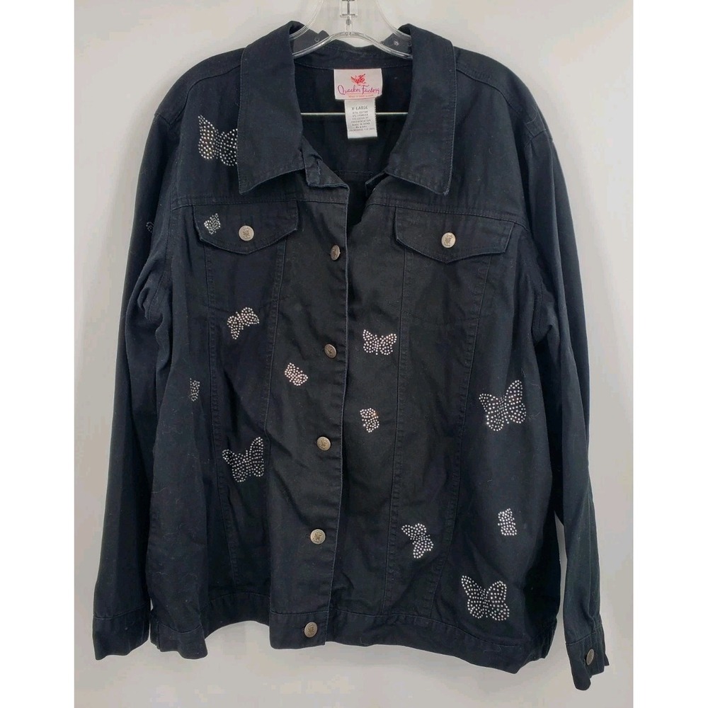 Quaker Factory Black Denim Jacket Bling Rhinestone Butterflies Women's Size XL